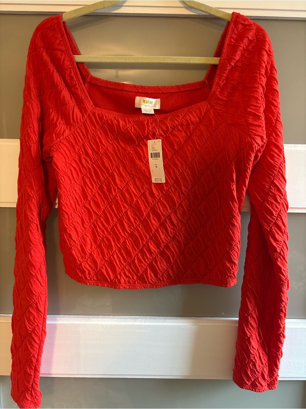 Maeve Red Textured Long-Sleeve Scoop-Neck Top